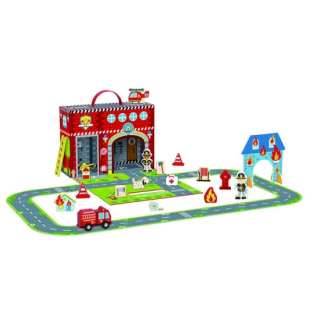 Tooky Toy Požiarna stanica s dráhou v kufríku 18 ks