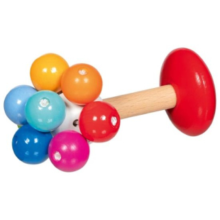 Goki Drevená hrkálka s rúčkou Dúhové guličky